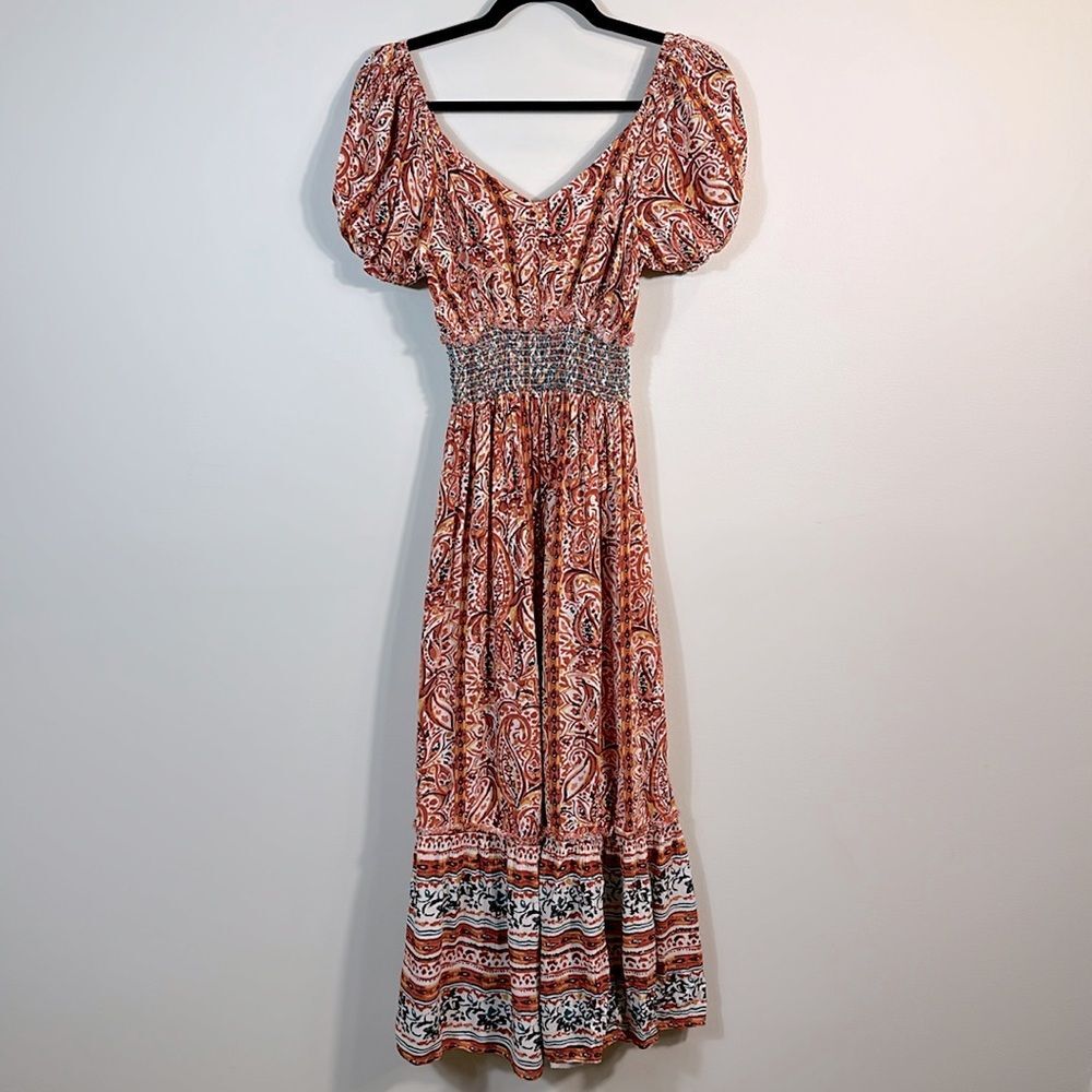 Black Tape Paisley Midi Dress Smocked Boho Fall Earthy Print Women Size Small